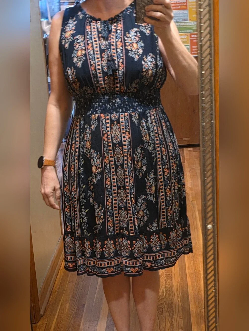 Bila size Large (L) Navy Blue & Pink Floral Sleeveless Smocked Waist Dress - Picture 1 of 5
